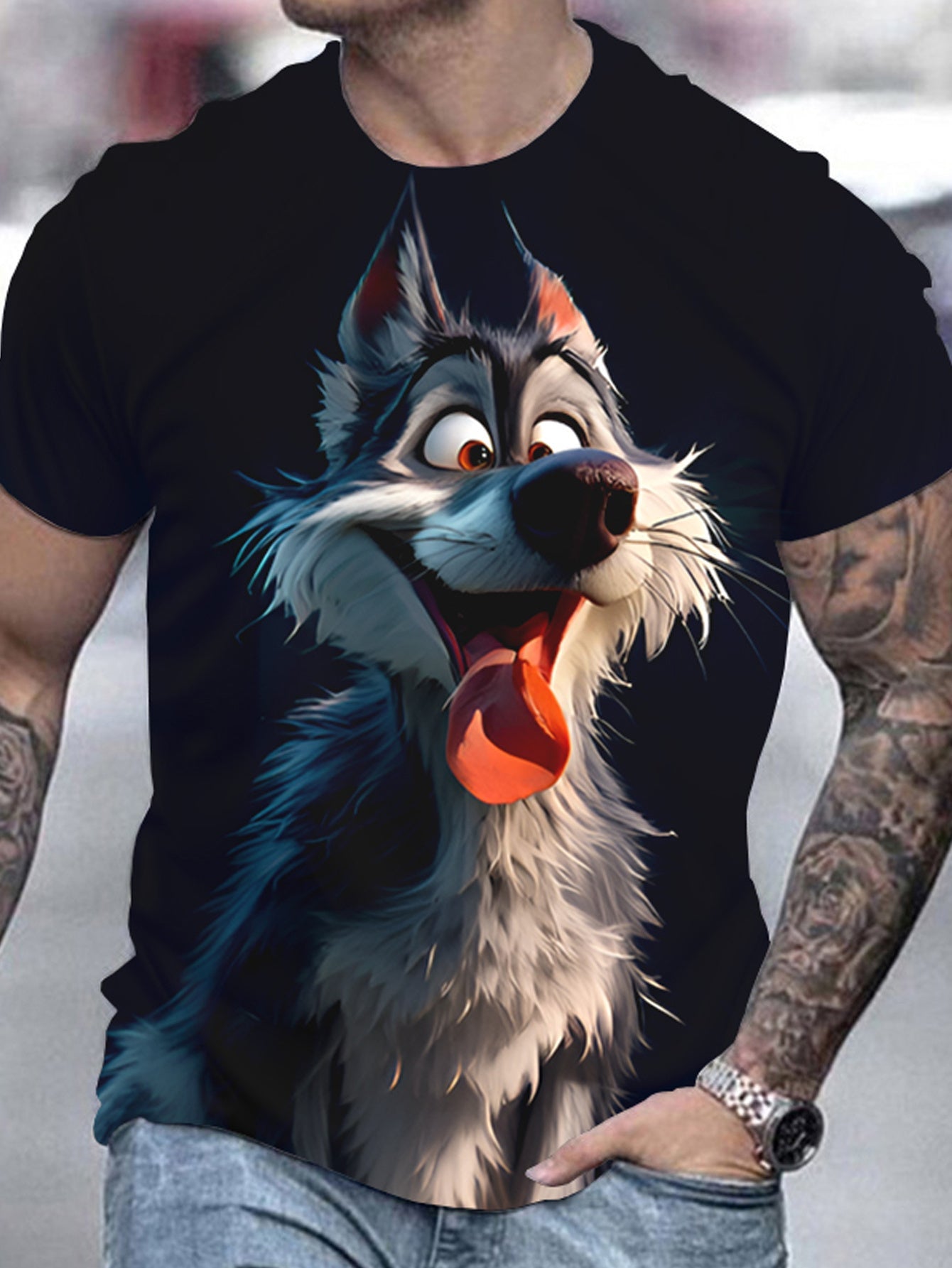 Men's 3D Wolf Print T-shirt - Casual Round Neck, Short Sleeved, Breathable Polyester - Perfect For Summer Outdoor And Casual Wear CJ US