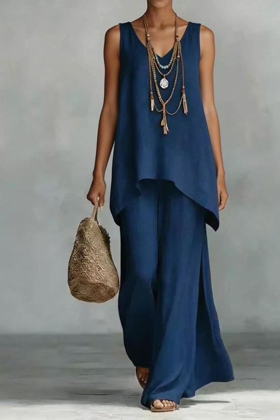 New Casual Bohemian-style Wide-leg Pants And V-neck Vest Set 