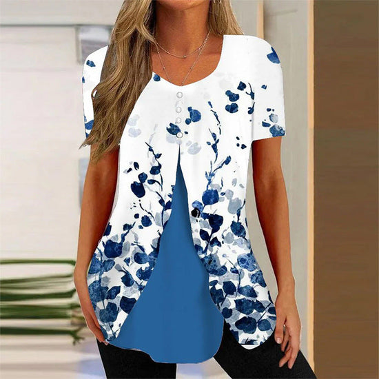 Summer New Short-sleeved Printed Fake Two-piece T-shirt V-neck Fashion Spike Top 