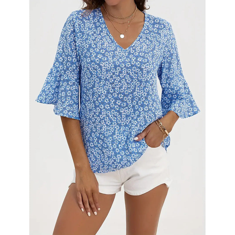 Womens Summer Floral Print Blouses V-Neck Flare Sleeve Tops Dressy Casual T-Shirts CJ US