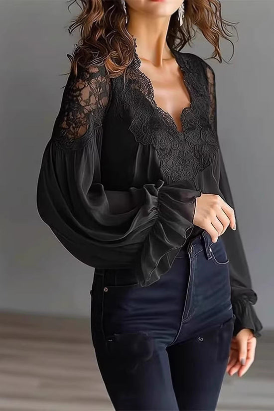 Lace-panelled Ruffled Puff-sleeve Pleated Shirt 
