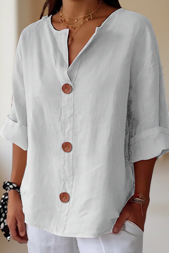Women's V-neck cotton and linen buttoned blouse 