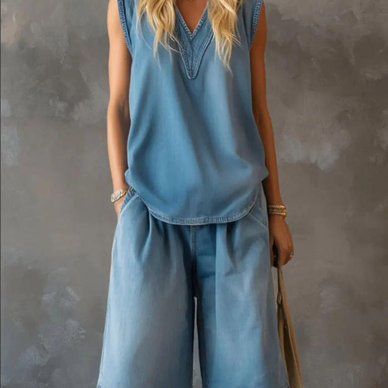Womens V-neck Sleeveless Loose Top And Casual Wide-leg Shorts Set 