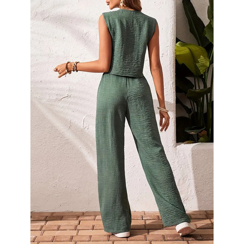 Womens Two Piece Outfits Summer Fashion Button V Neck Crop Vest Blazer And Wide Leg Pants Suit Matching Sets CJ US