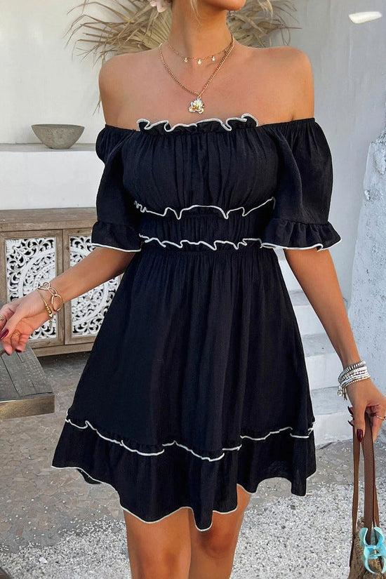Womens French-style Square-neck Ruffled Short-sleeve Dress 