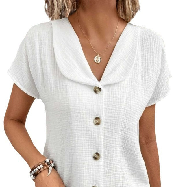 Summer Solid Color Fashion Short-sleeved Cardigan Button Women's Top FitiqueFit