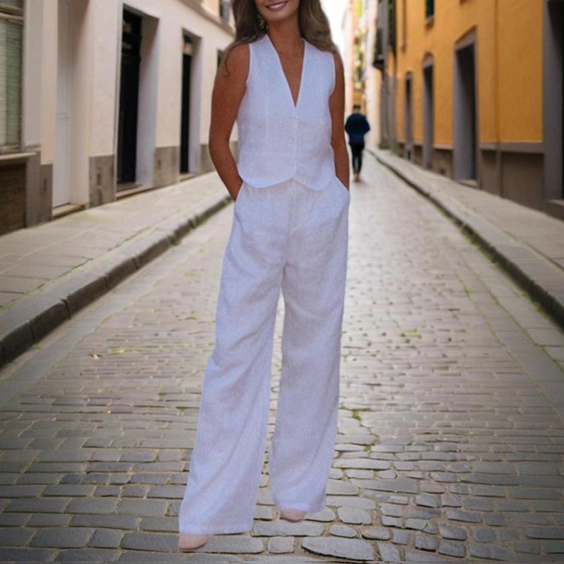 Women's Solid Color V-Neck Vest Two-Piece Set Button Front Vest Top With Pocket Pants For Spring & Summer Casual Outfit CJ US