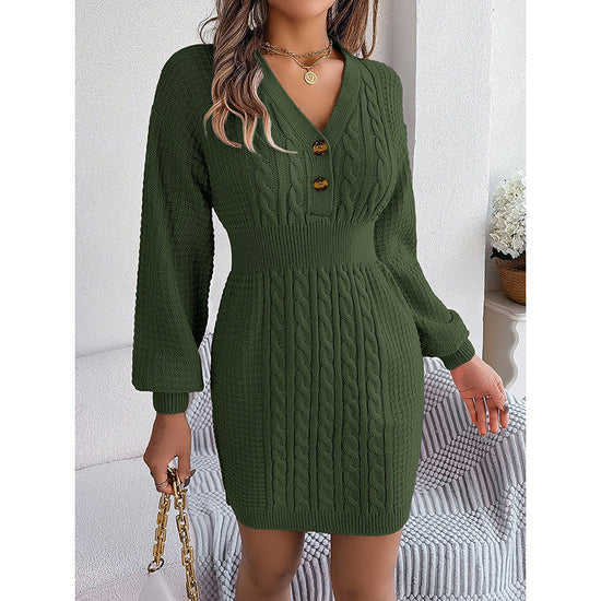 Women's Cable Knit Sweater Dress - V-Neck Button Front Lantern Sleeve Bodycon Mini Dress With Elastic Waist For Fall CJ US