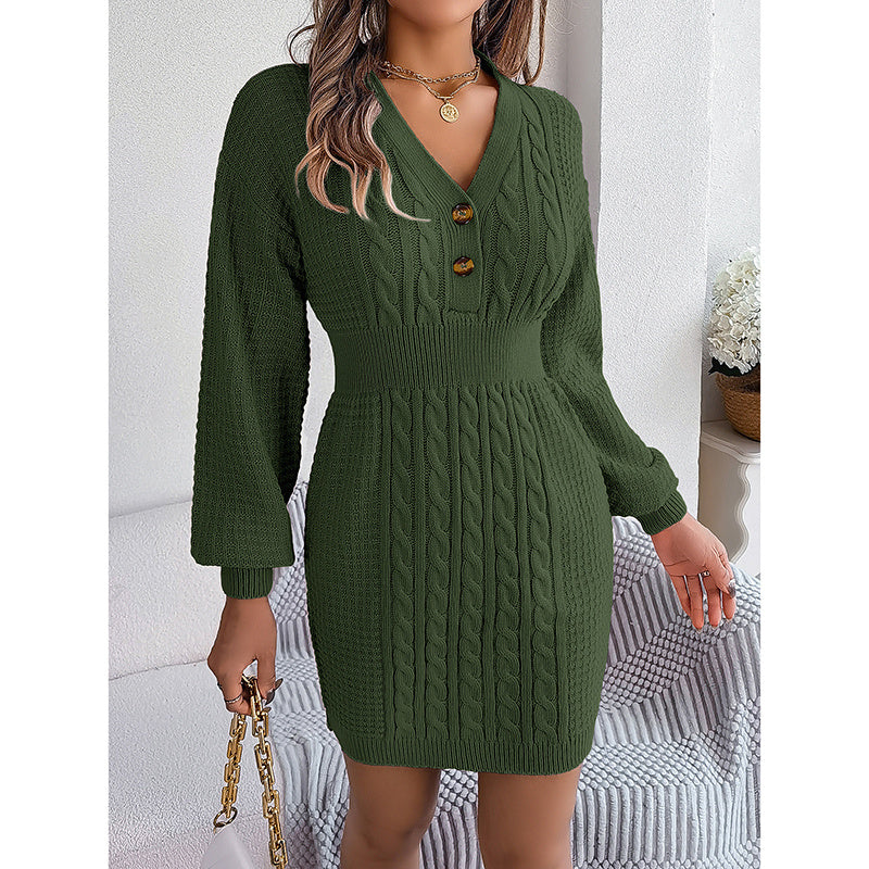 Women's Cable Knit Sweater Dress - V-Neck Button Front Lantern Sleeve Bodycon Mini Dress With Elastic Waist For Fall CJ US