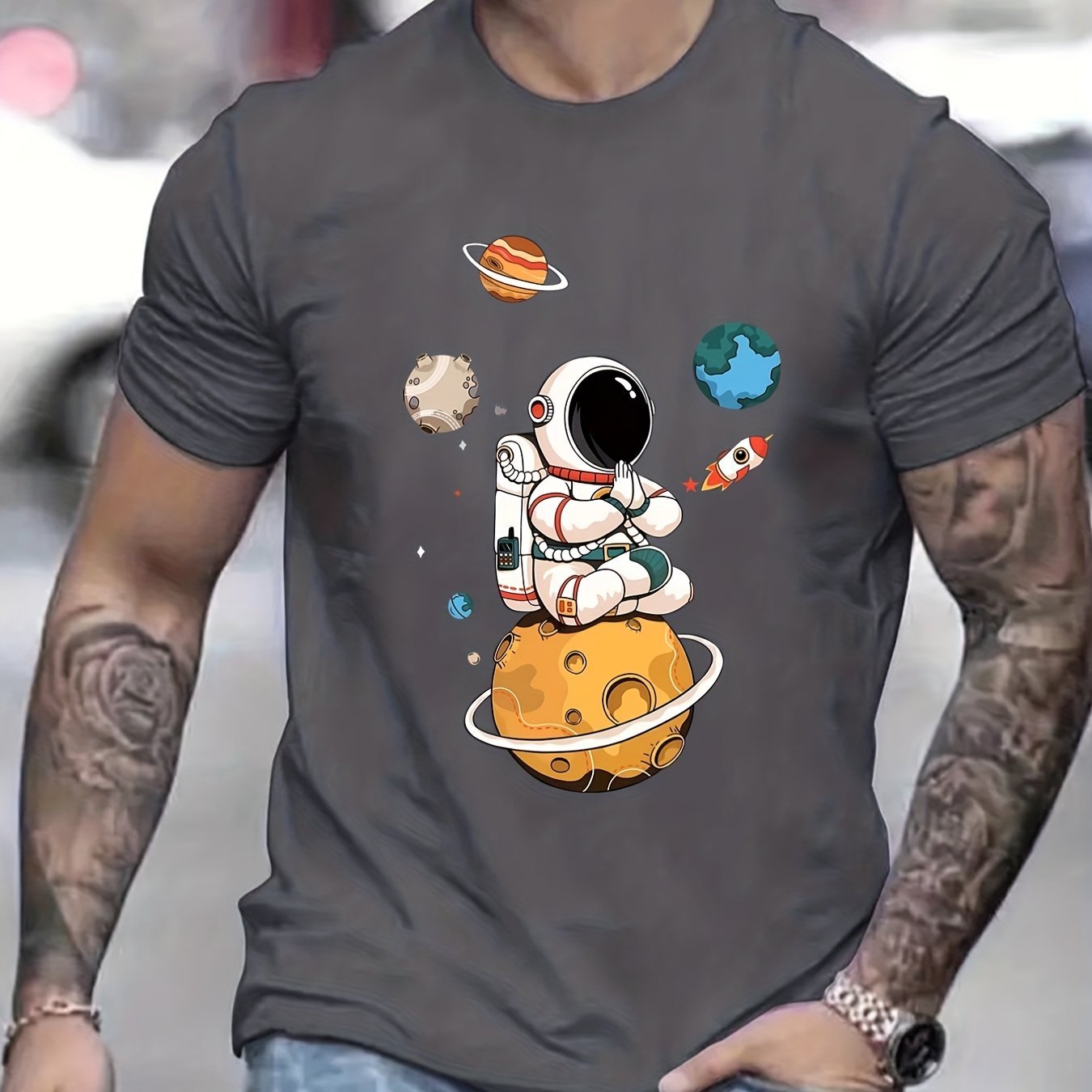 Summer Men's Casual Street Style Elastic Round Neck T-shirt With Cartoon Astronaut And Planet Patterns CJ US