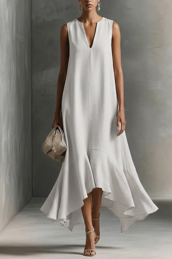 New Stylish Deep V-Neck Sleeveless Elegant Asymmetrical Hemline Dress 