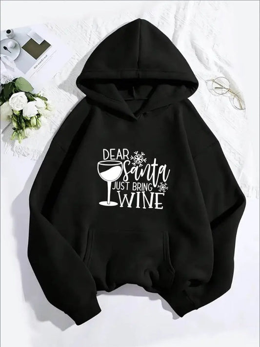 Festive Christmas Wine Cup Printed Women'S Hoodie Casual Sports Style With Kangaroo Pocket, All-Season Hooded Pullover Sweatshirt CJ US