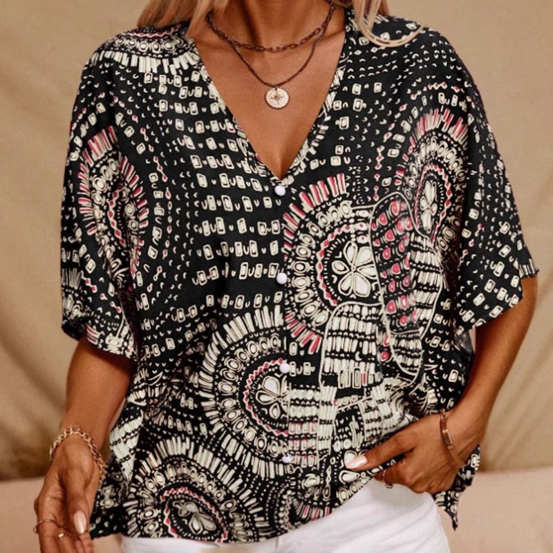 Women's V-Neck Mandala Print Blouse Short Batwing Sleeve Casual Vacation Top CJ US