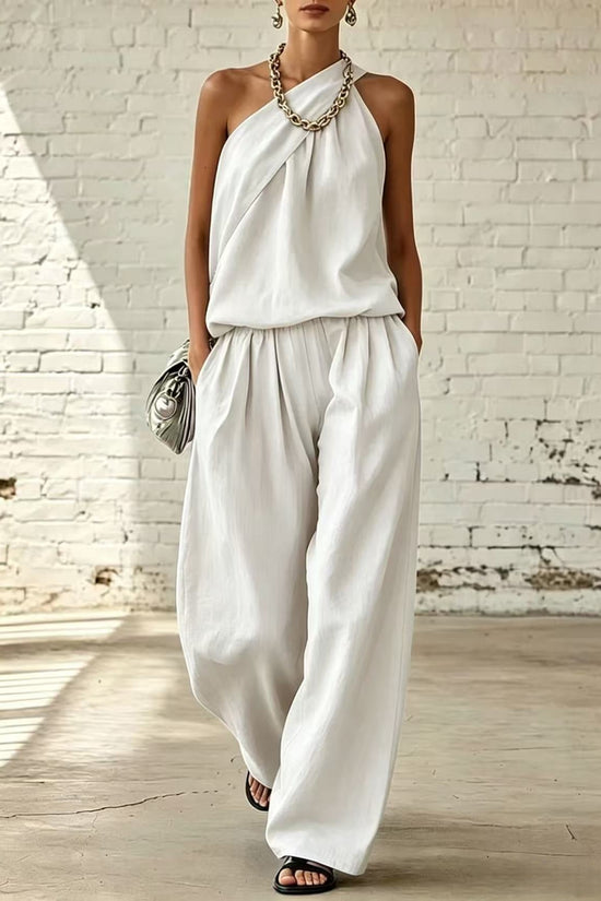 Cotton-linen Sleeveless Double-layer Top And Wide-leg Pants Set 