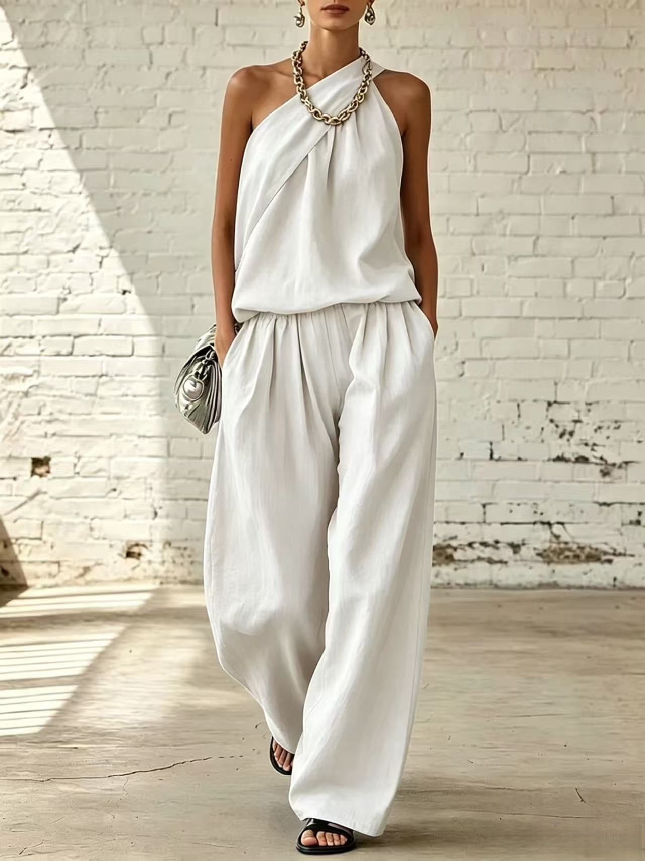Cotton-linen Sleeveless Double-layer Top And Wide-leg Pants Set 