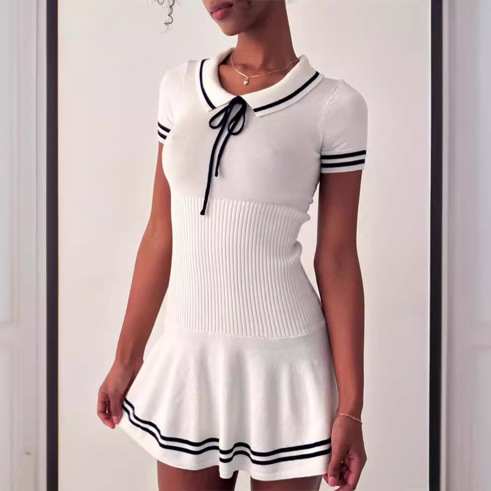Women's New College Style Short Sleeve Striped Knitted Dress CJ
