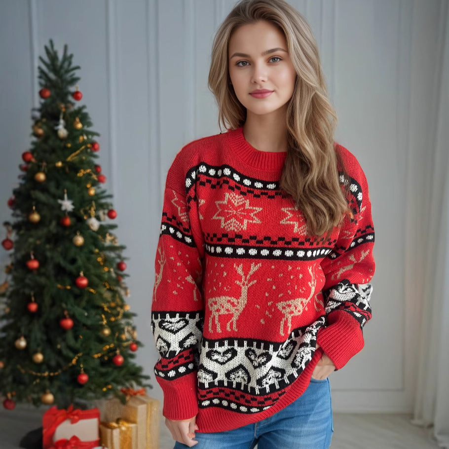 Christmas Casual Red Deer Jacquard Women's Long-sleeved Round Neck Sweater CJ