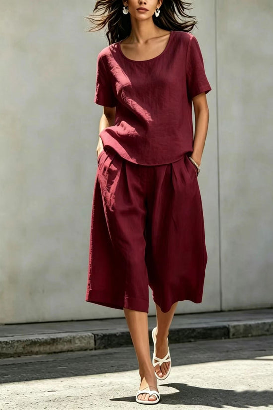Cotton-linen Casual Loose-fitting Short-sleeve Top And Shorts Set 