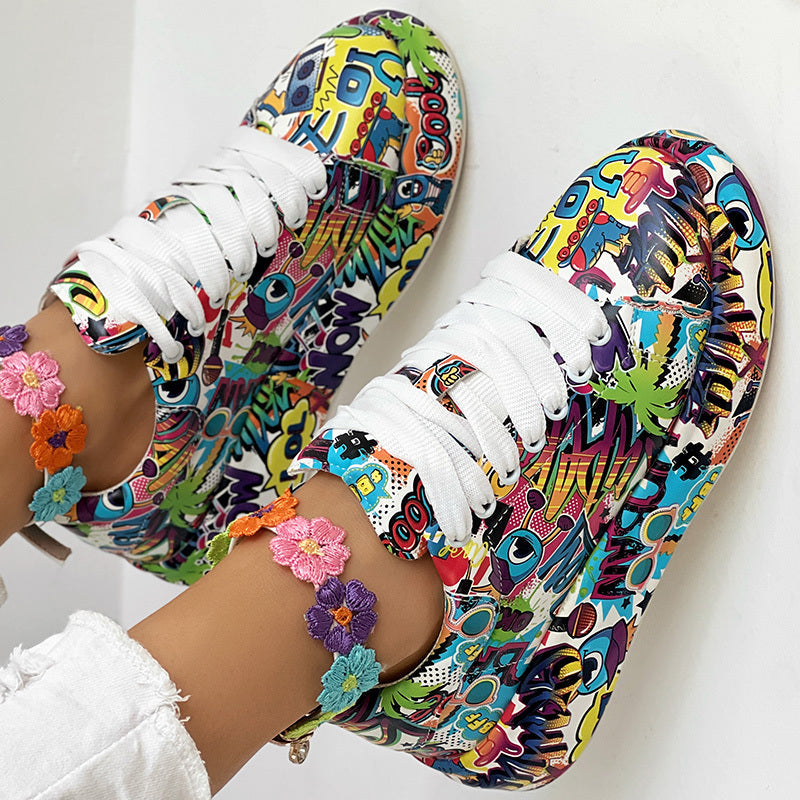 Women's Casual Round Toe Thick Sole Lace-Up Sneakers, Random Print Design, Comfortable Sporty Shoes For Daily Wear CJ US