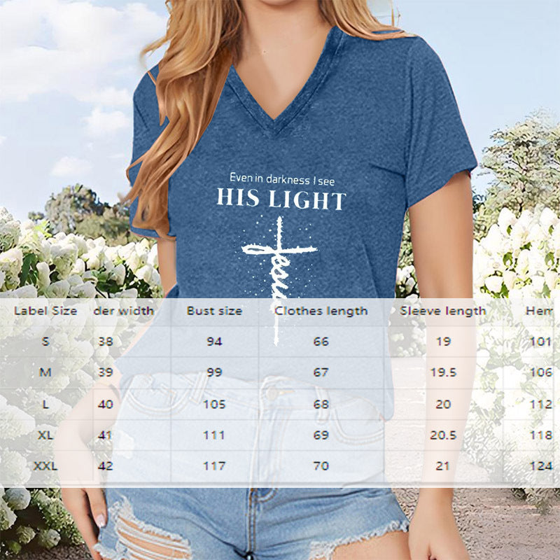 Women's V-Neck T-Shirt Geometric Cross Casual Summer Short Sleeve Top CJ