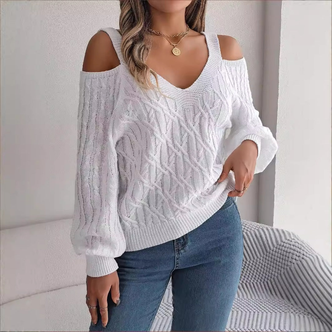 Real Shot Autumn-Winter 2025 Casual Solid Color Fried Dough Twists Off Shoulder Lantern Sleeve Sweater CJ US