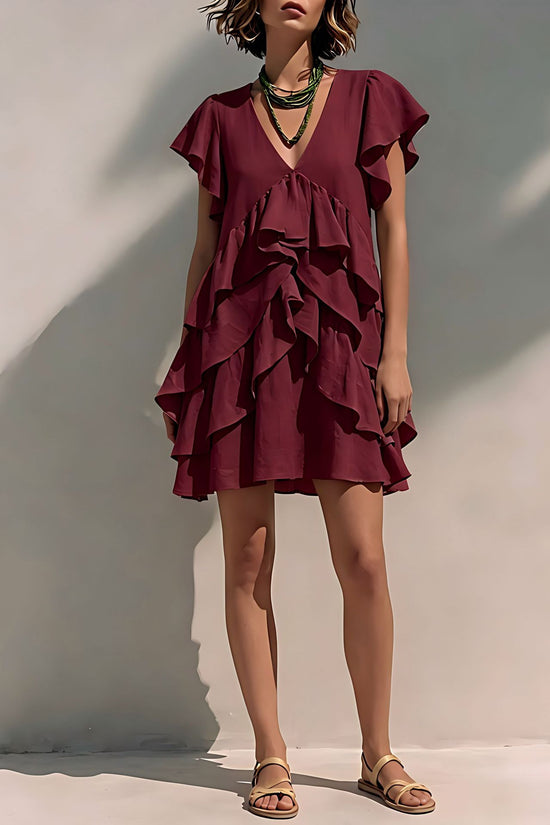 Women's V-Neck Ruffled-Edge Short-Sleeve Casual Loose Dress 