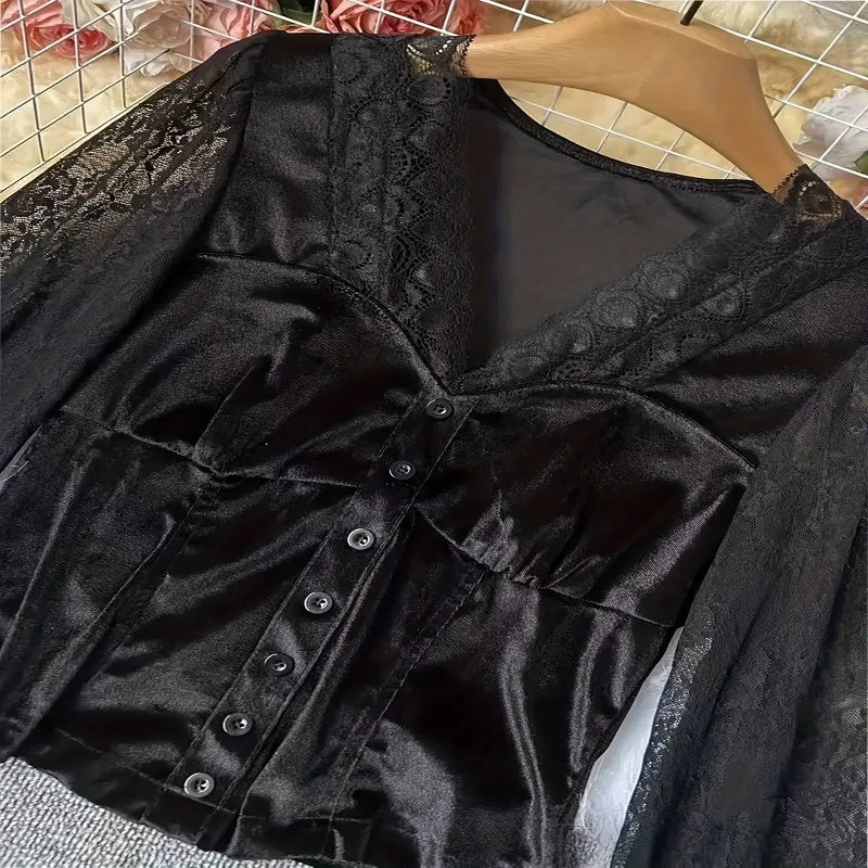 Women's Velvet & Lace Trim Top V-Neck Long Sleeve Blouse With Button Accent For Autumn And Winter 