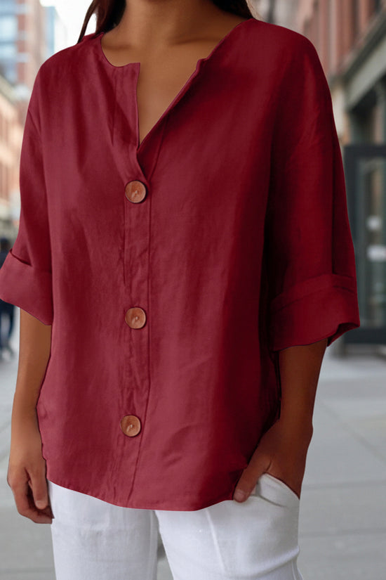 Women's V-neck cotton and linen buttoned blouse 