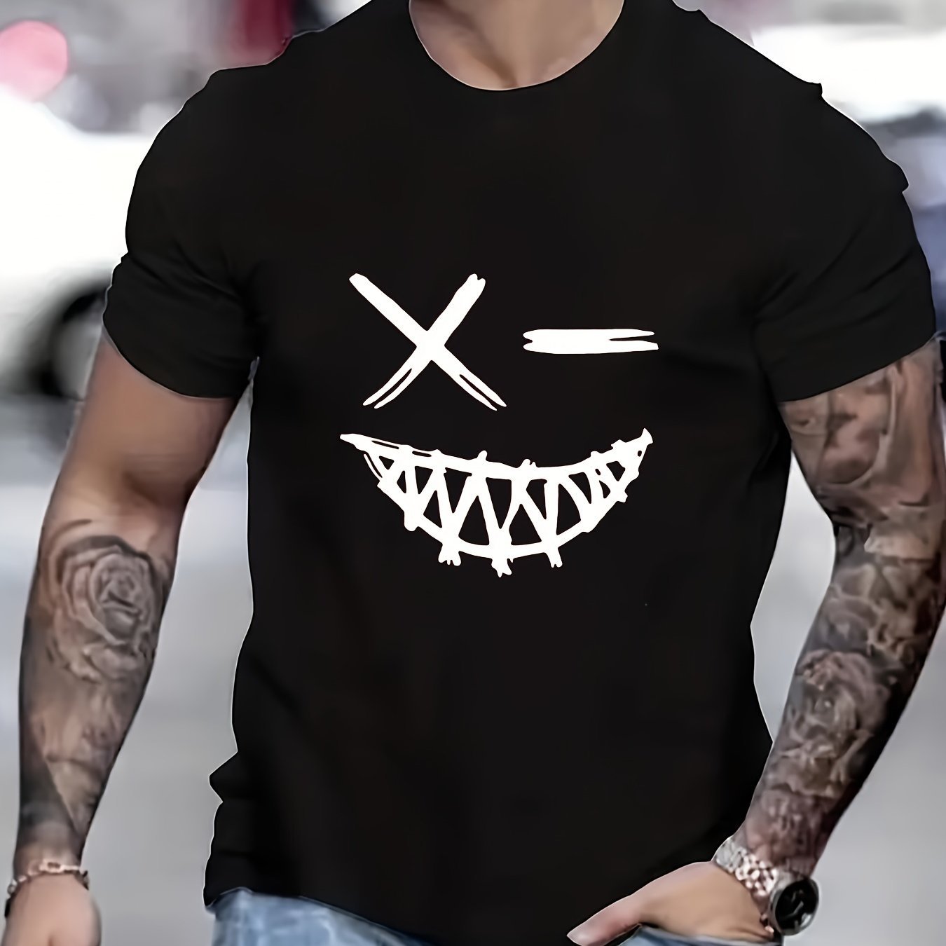 Men's Evil Smiling Face Pattern Round Neck Short Sleeve T-shirt, Summer Street Trend Fashion Top, Perfect Gift Item CJ US