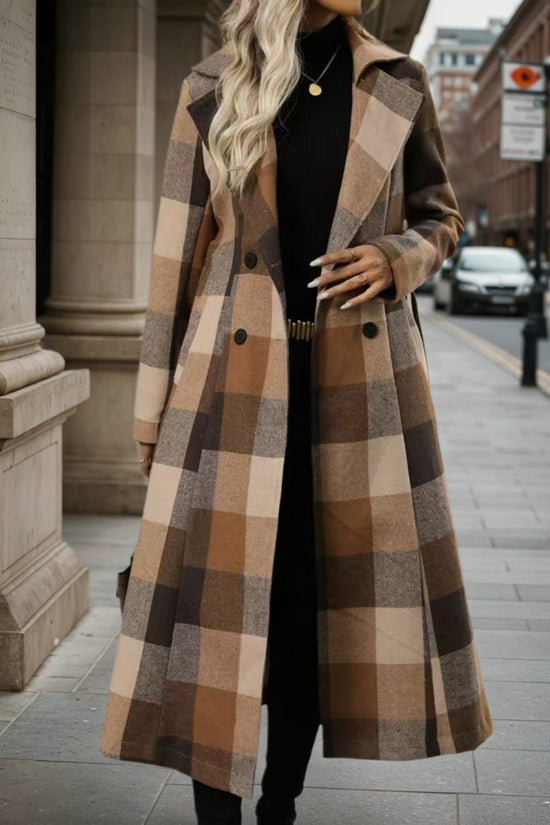 Women’s Lapel Woolen Double-Breasted Coat – Lace-Up Long Windbreaker - FitiqueFit