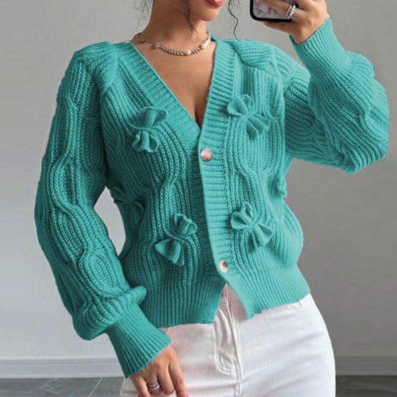 Women's Bow Cropped Cardigan - Long Sleeve V-Neck Button Down Knit Sweater Top 