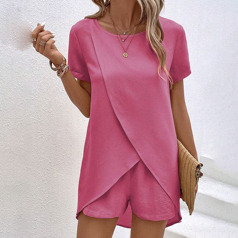 Women's 2-Piece Summer Lounge Set, Casual Short Sleeve Top And Shorts Matching Outfit CJ US