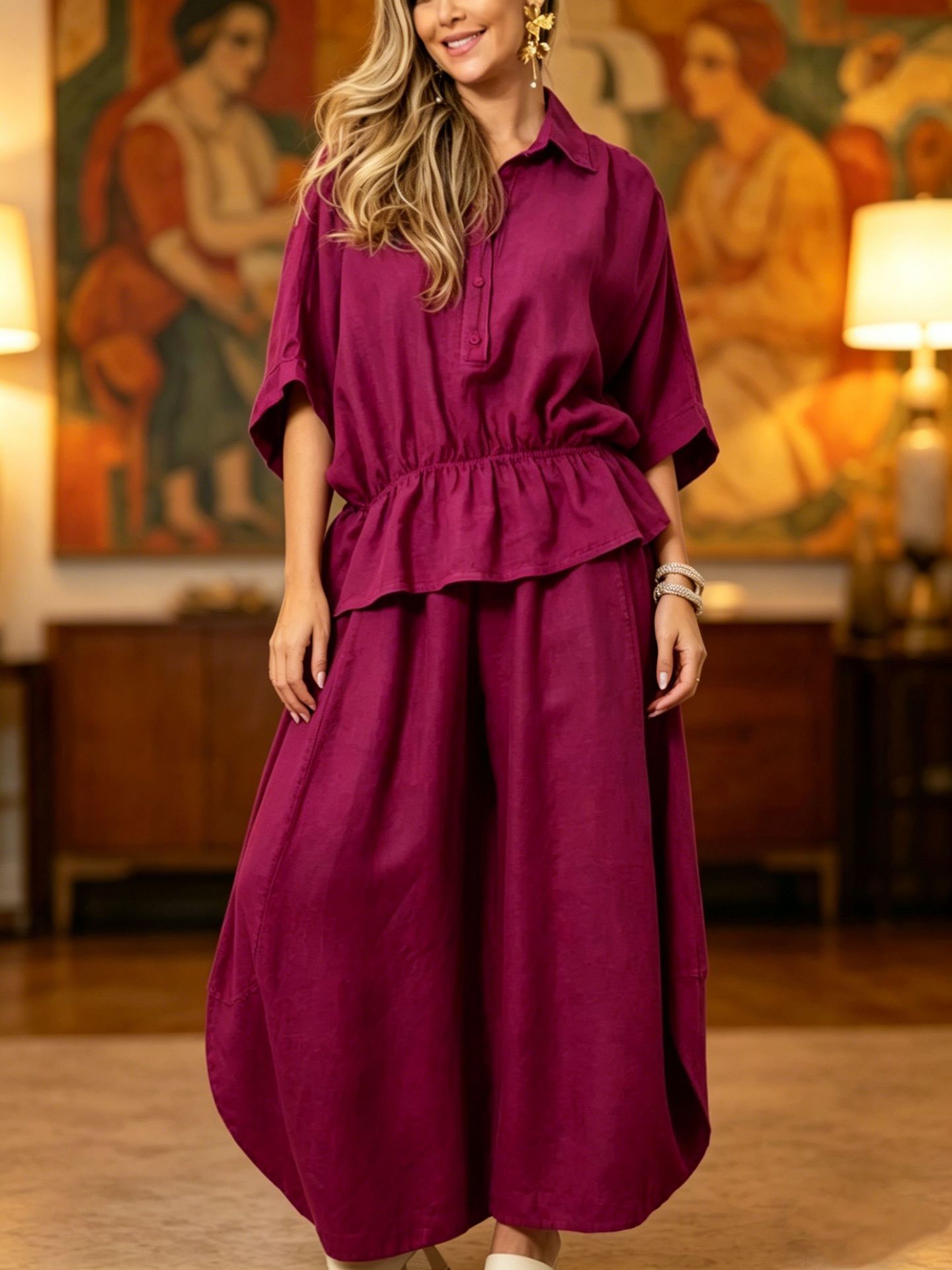 Plus-size Womens Loose Casual Belted Shirt And Wide-leg Pants Set 