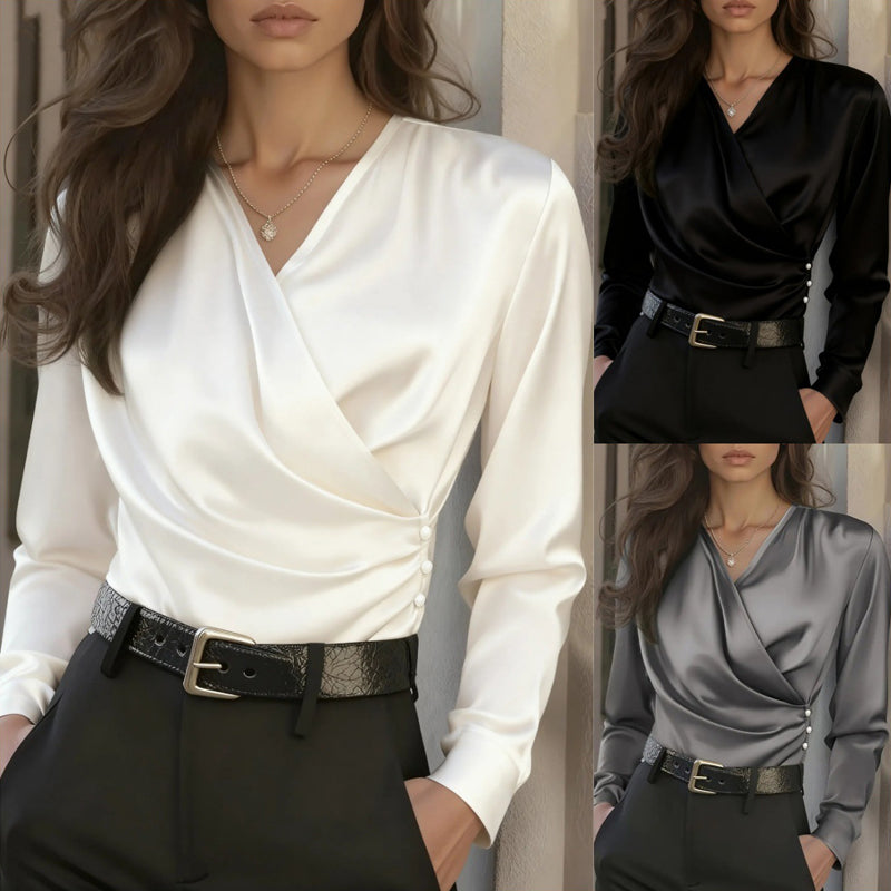 Women's Elegant Cross V-Neck Blouse, Ruffle Detail Button Accent Office Shirt For Casual Wear 