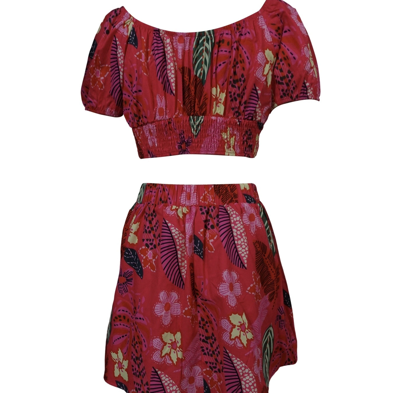 Ladies' Contrasting Flower Print Bubble Sleeves With Exposed Navel Short Top, Pleated Short Skirt Set CJ US