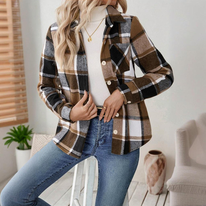 Women's Checkered Fleece Lined Shacket, Plaid Button Down Shirt Jacket With Chest Pockets, Fall Winter Outerwear Coat 