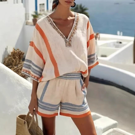 Linen Striped Printed V-Neck Top And Shorts Set For Women 