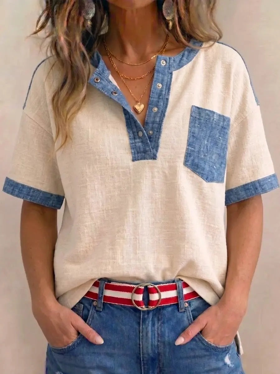 Women's Casual Loose-Fitting Patchwork Short-Sleeve Top 
