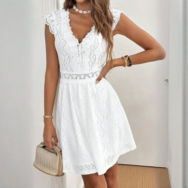 Women’s V‑Neck Short‑Sleeve Dress with Lace Trim CJ US