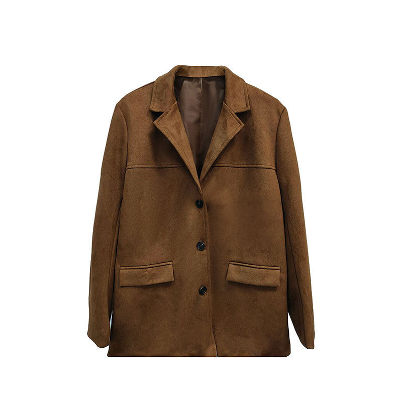 Suede-Look Blazer Jacket — V-Notch Lapel, Button-Front Casual Coat CJ US