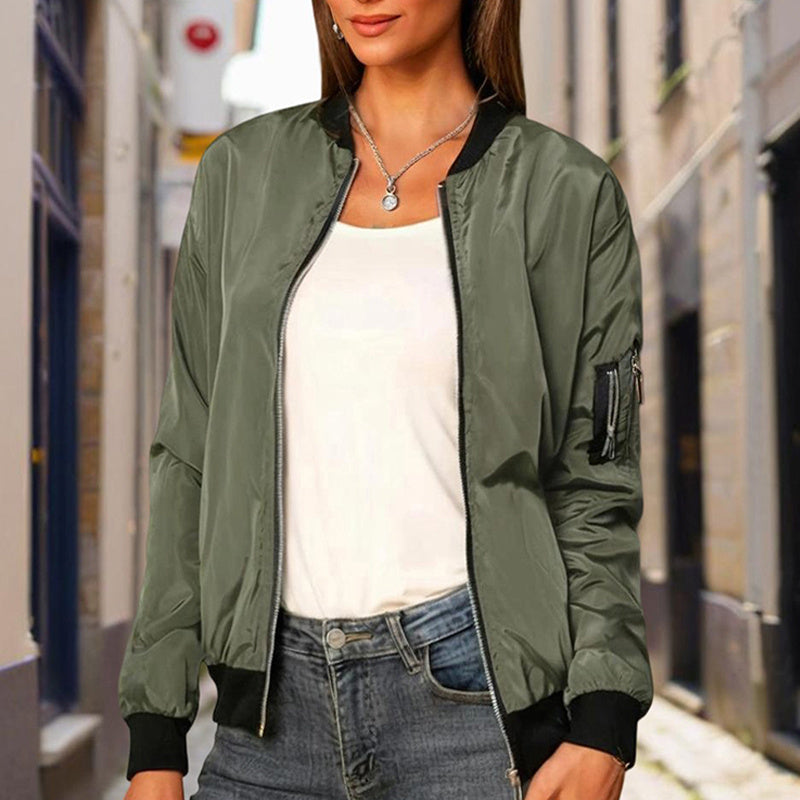Women's Zippered Long-Sleeve Stand Collar Jacket Color-Blocked Spring & Fall Fashion Minimalist Top CJ
