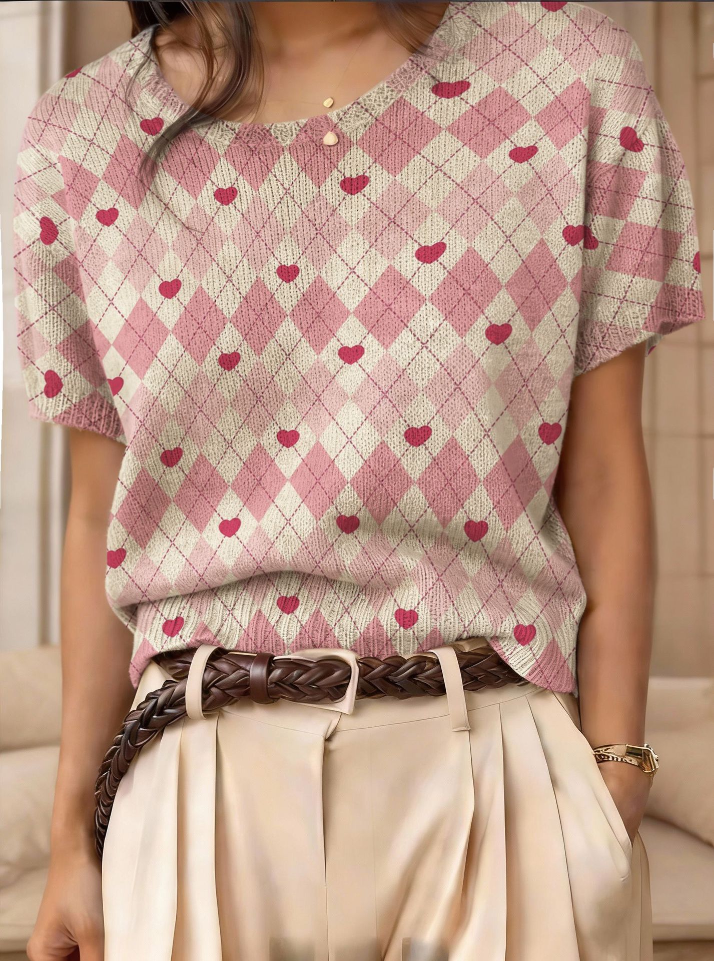 Retro Short-Sleeve Sweater Contrast-Color Jacquard Knit Top 
