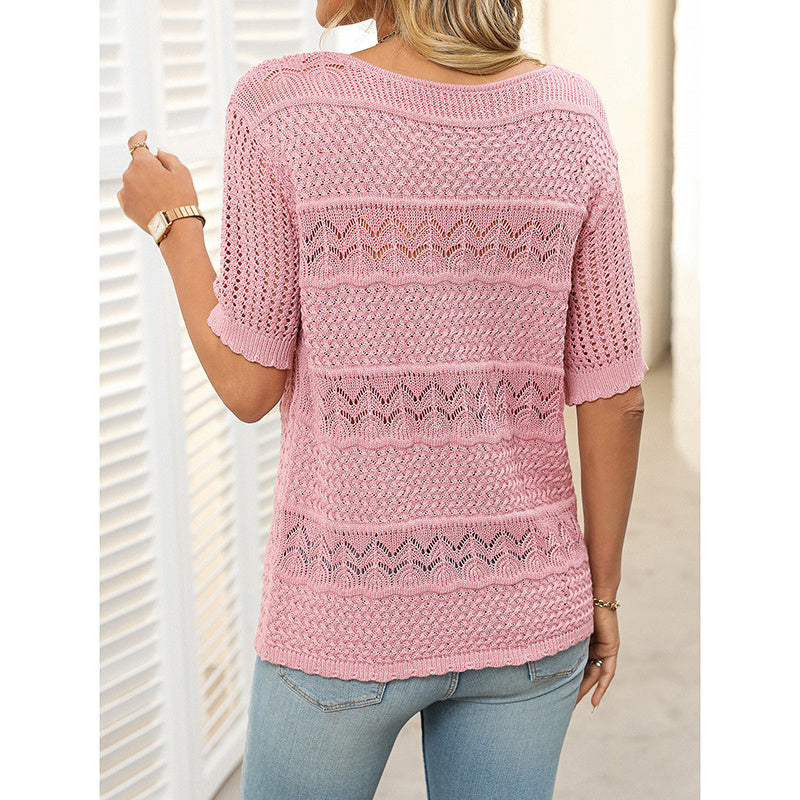Women’s Short Sleeve Crochet Knit Hollow-Out Top CJ US