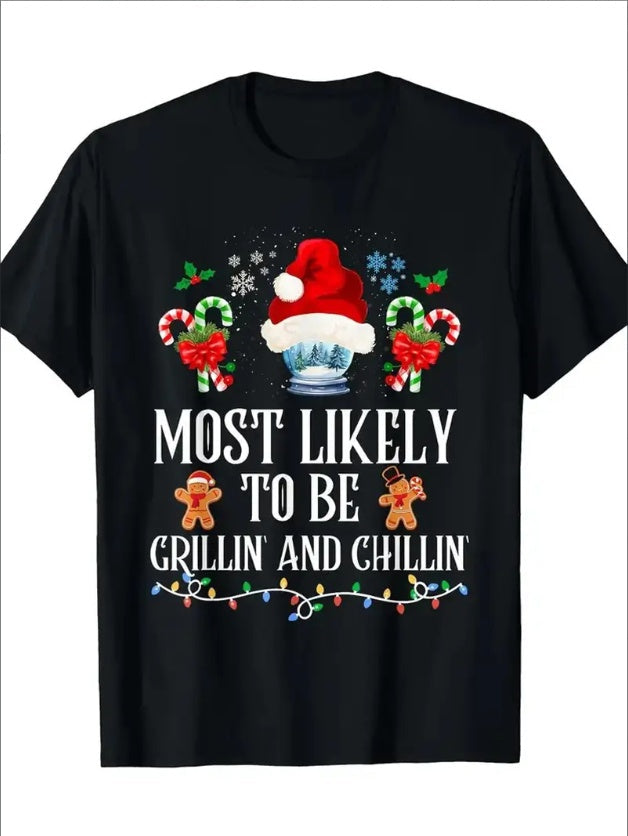 Men'S Funny Christmas T-Shirt, Most Likely To Be Grilling And Chilling Print, Casual Street Style, Loose Fit, Round Neck, Short Sleeve,  Digital Heat Transfer, Seasonal Trendy CJ US