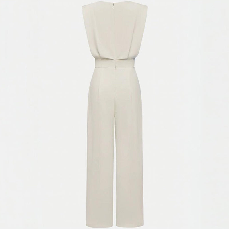 Women's Solid Color Round Neck Short Sleeve Wide-Leg Jumpsuit With Waist Design & Pockets Casual Romper For Spring&Summer CJ US