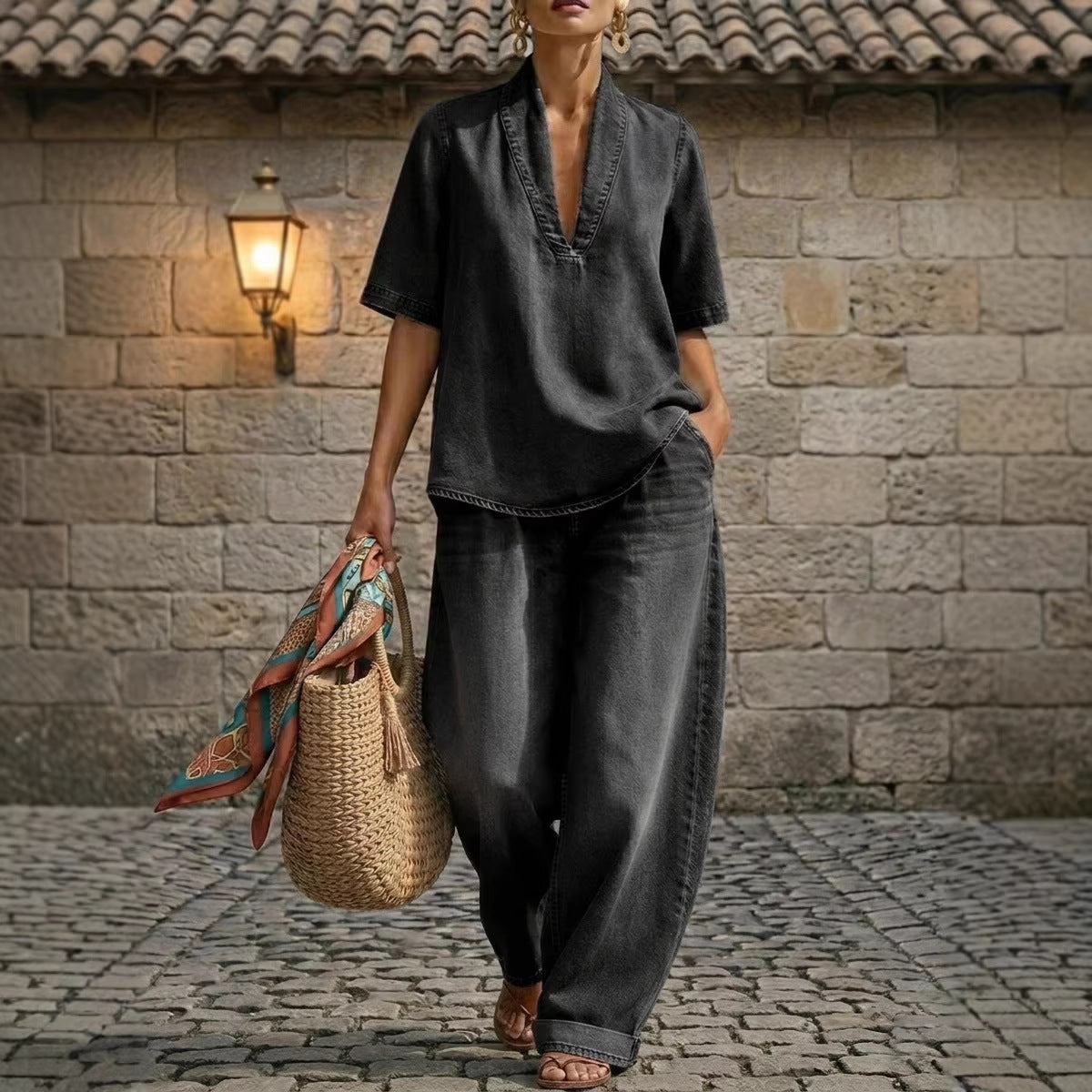 Retro V-neck Denim Set Womens Loose Half-sleeve Top And Wide-leg Pants Two-piece Set 