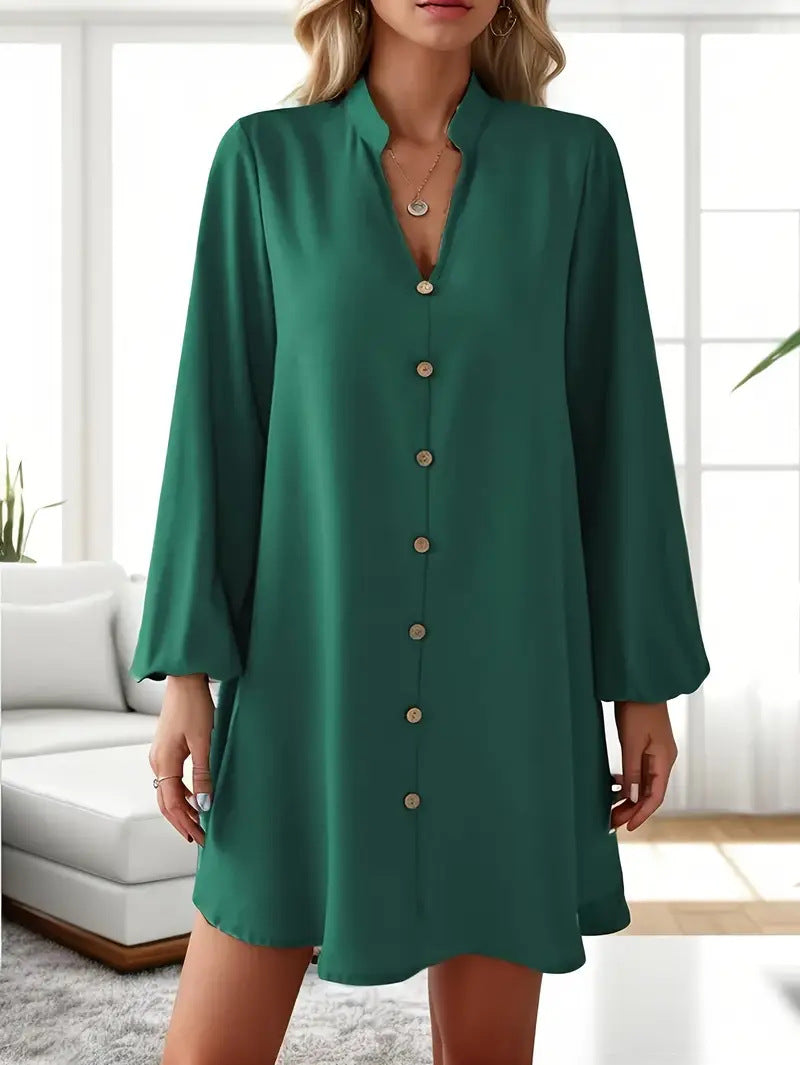 Women Solid Color V-Neck Long Sleeve Single Breasted A-Line Dress 