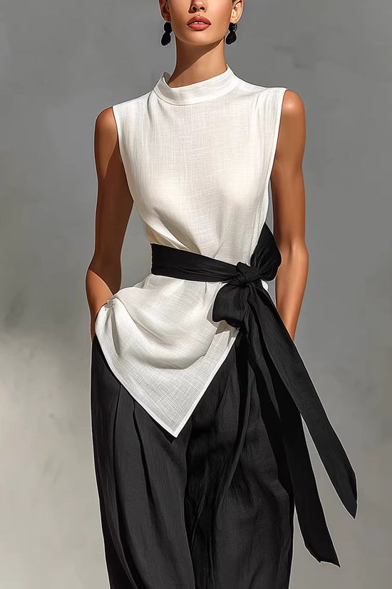 Two piece set of lace up sleeveless top and wide leg pants 