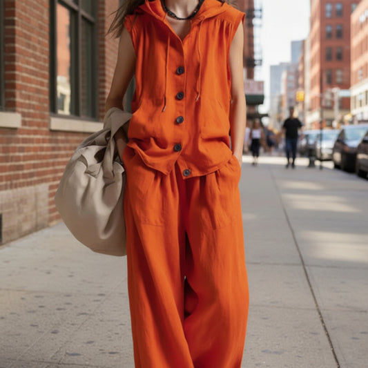 Sleeveless Loose Casual Hooded Top High-Waist Wide-Leg Pants Set 