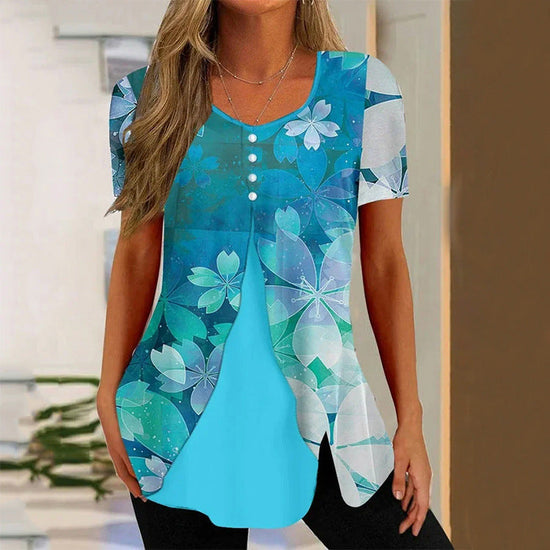 Summer New Short-sleeved Printed Fake Two-piece T-shirt V-neck Fashion Spike Top 